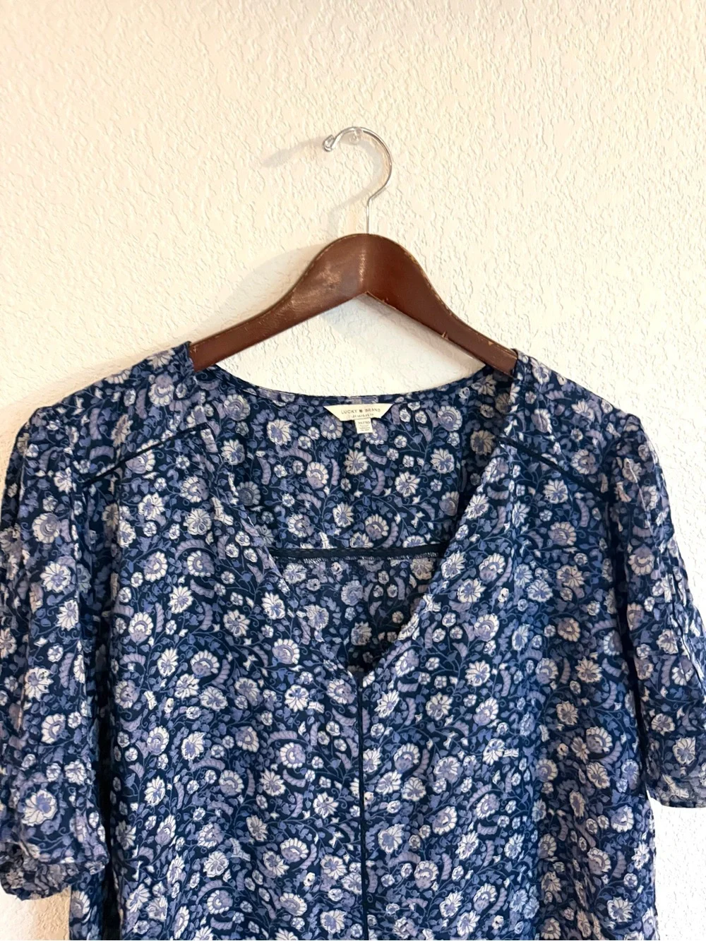 Lucky Brand Womens Shirt Blouse Blue Floral Short Sleeve Lace Plus Size 3X